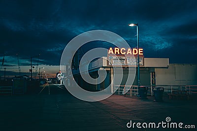 Arcade sign at night on the boardwalk, Wildwood, New Jersey Editorial Stock Photo