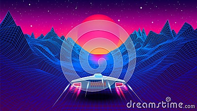 Arcade space ship flying to the sun in blue corridor or canyon landscape with 3D mountains, 80s style synthwave or retrowave Vector Illustration