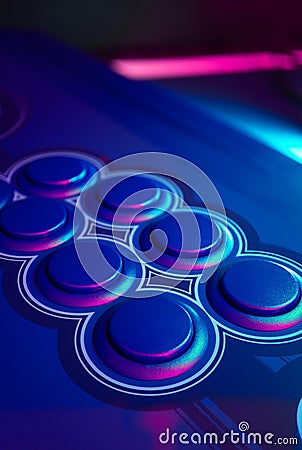 Arcade Stick Buttons, Gamming controls colorful RGB lights. Stock Photo