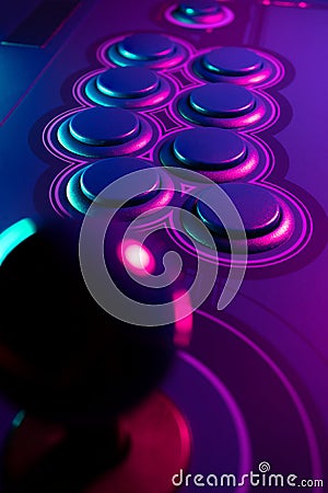 Arcade Stick Buttons, Gamming controls colorful RGB lights. Stock Photo