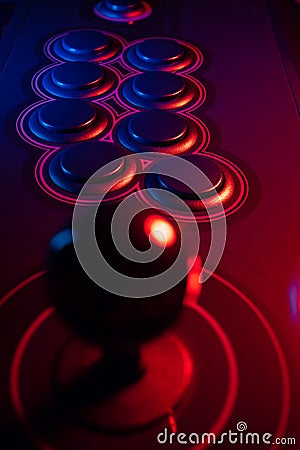 Arcade Stick Buttons, Gamming controls colorful RGB lights. Stock Photo