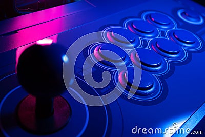 Arcade Stick Buttons, Gamming controls colorful RGB lights. Stock Photo