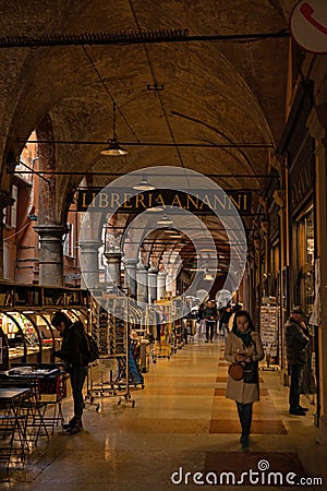 arcades in the center of in Bologna Editorial Stock Photo