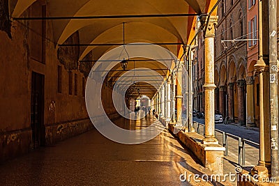 arcades in the center of in Bologna Editorial Stock Photo