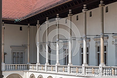 Arcades of Sigismund I Stary`s Renaissance courtyard within Wawel Castle Editorial Stock Photo