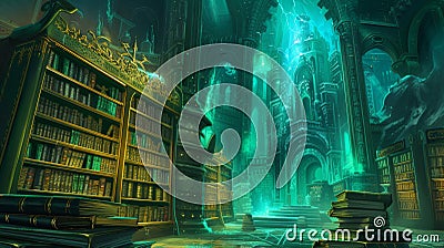 Arcane Library Chamber with Glowing Emerald Books and Ethereal Energy Stock Photo