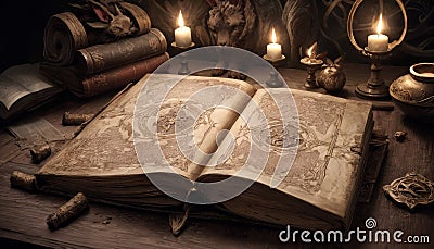 Arcane Tomes and Mystic Candles Stock Photo