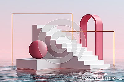 Arch and ball on podium, stairs in in water on light background Stock Photo