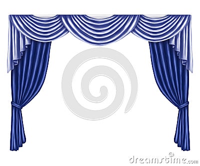 Arch of blue curtains made of satin, silk, fabric. Digital illustration on a white background. Decorative element for windows and Cartoon Illustration