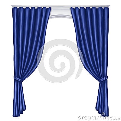 Arch of blue curtains made of satin, silk, fabric. Digital illustration on a white background. Decorative element for windows and Cartoon Illustration