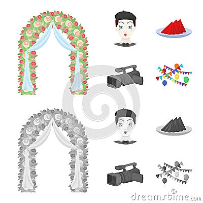 The arch is decorated with roses and silk, a clown in a cap, a plate with red napkins, a video camera. Event services Vector Illustration