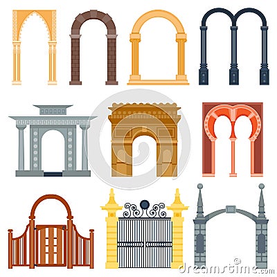 Arch design architecture construction frame classic, column structure gate door facade and gateway building ancient Vector Illustration