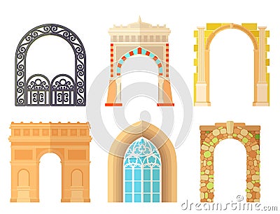 Arch design architecture construction frame classic, column structure gate door facade and gateway building ancient Vector Illustration