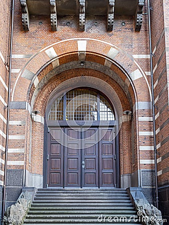 Arch doorway and stairs of the inner courtyard of the Copenhagen City Hall Council Building Stock Photo