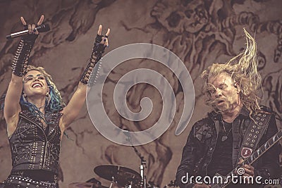 Arch Enemy, Alissa White-Gluz and Jeff Loomis live concert 2018, Hellfest heavy metal festival Editorial Stock Photo