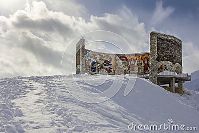 `Arch of Friendship of Peoples`, a giant mosaic panel - a landmark on the Georgian Military Road Editorial Stock Photo