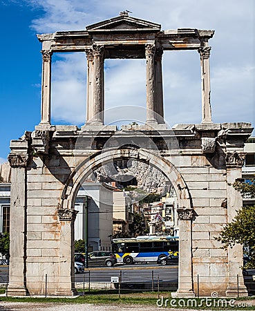 The Arch of Hadrian or Hadrian`s Gate in the center of Athens Stock Photo