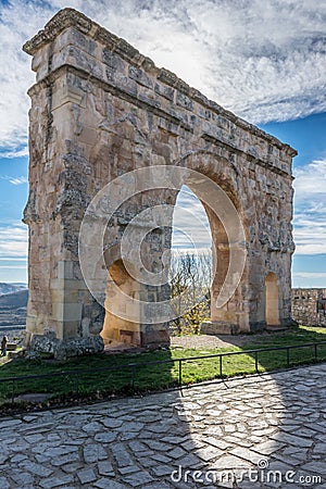 The Arch of Medinaceli is a unique example of monumental Roman triumphal arch within Hispania. Located in Medinaceli, province of Stock Photo