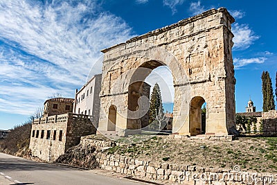 The Arch of Medinaceli is a unique example of monumental Roman triumphal arch within Hispania. Located in Medinaceli, province of Stock Photo