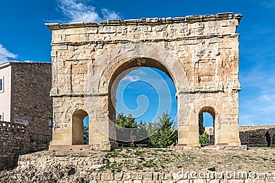 The Arch of Medinaceli is a unique example of monumental Roman triumphal arch within Hispania. Located in Medinaceli, province of Stock Photo