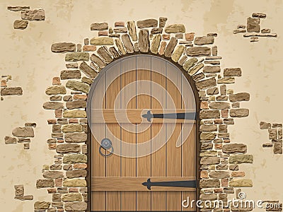 Arch of stone with closed wooden door Vector Illustration