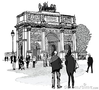 Arch of triumph Carousel and Tuileries garden in Paris Vector Illustration