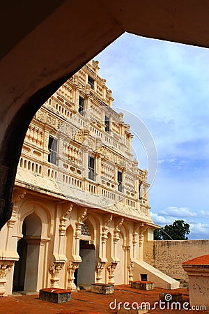 Arch view of bell tower at the thanjavur maratha palace Stock Photo