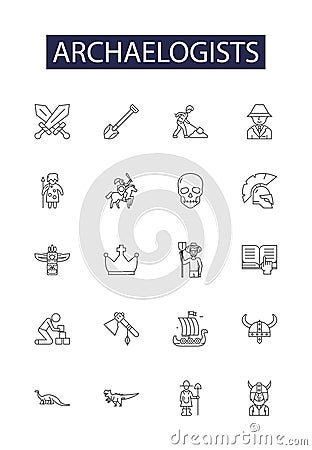 Archaelogists line vector icons and signs. Fossil, Dig, Discovery, Research, Unearth, Ancient, Relic, Excavation outline Vector Illustration