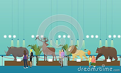 Archaeological museum interior vector banner. Visitors watching exhibition. Vector Illustration