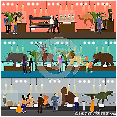 Archaeological museum interior vector banners. Visitors watching exhibition. Vector Illustration