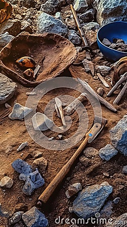 Archaeological scene with a collection of ancient tools and artifacts Stock Photo