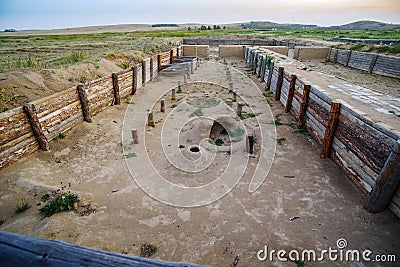 Archaeological site of the ancient fortified settlement of the Bronze Age Arkaim Editorial Stock Photo