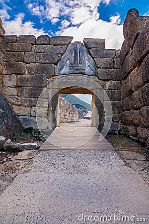 The archaeological site of Mycenae near the village of Mykines, with ancient tombs, giant walls and the famous lions gate. Stock Photo