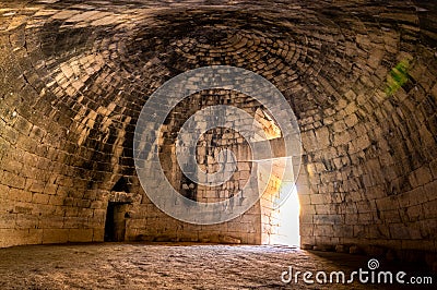 The archaeological site of Mycenae near the village of Mykines, with ancient tombs, giant walls and the famous lions gate. Stock Photo