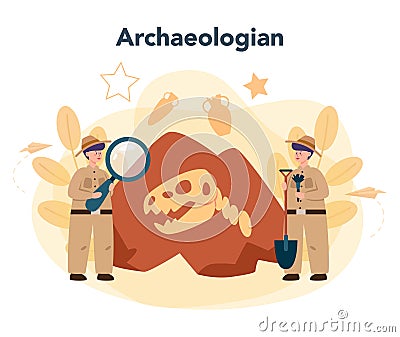 Archaeologist concept. Ancient history scientist, paleontologist. Knowledge Vector Illustration