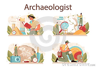 Archaeologist concept set. Ancient history scientist or paleontologist Vector Illustration