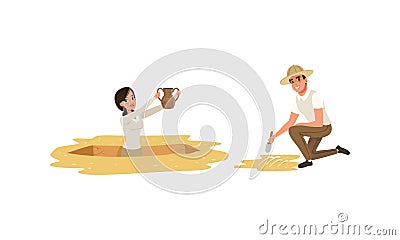 Archaeologist Scientist Characters Working on Excavations with Historical Artifacts, Archeology and Paleontology Science Vector Illustration