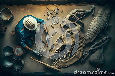 Archaeologist works on an archaeological site with dinosaur skeleton in wall stone fossil tyrannosaurus excavations Stock Photo