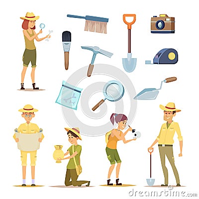 Archaeologists characters and various historical artifacts Vector Illustration