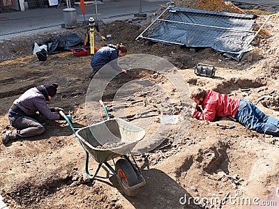 Archaeologists dig up human bones Editorial Stock Photo