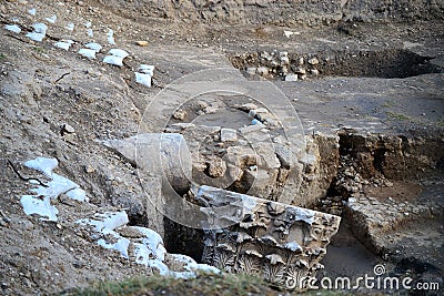 Archaeology class visiting ruins of Ancient and Biblical City of Ashkelon in Israel, Holy Land Stock Photo