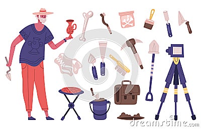 Archaeology explorer character with archaeology dig equipment and artefacts. Male archaeologist at work vector Vector Illustration