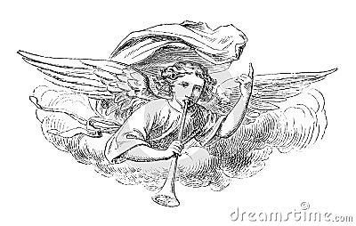 Archangel Gabriel or Angel Blowing Trumpet. Bible. Vintage Antique Drawing Stock Photo