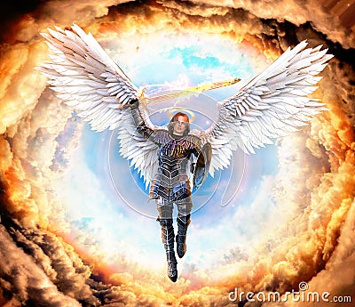 Archangel Michael in armor with flaming sword and shield Stock Photo