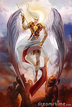 Archangel Michael descending artwork. Cartoon Illustration
