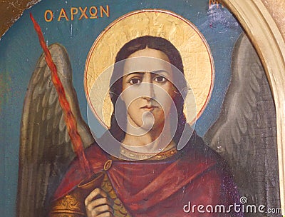 Archangel Michael , the icon was made around 1930 , icon of Russian style, seen in a chapel in Greece, unique Stock Photo