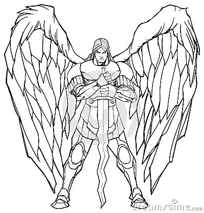 Archangel Michael Standing Line Art Vector Illustration