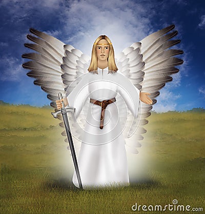 Archangel Michael with a sword, standing on a field Stock Photo