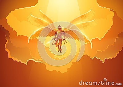 Archangel with six wings holding a sword in the open sky Vector Illustration