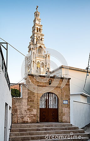 Tower of church of Michael the Archangel in village Archangelos in Rhodes island, Greece Editorial Stock Photo